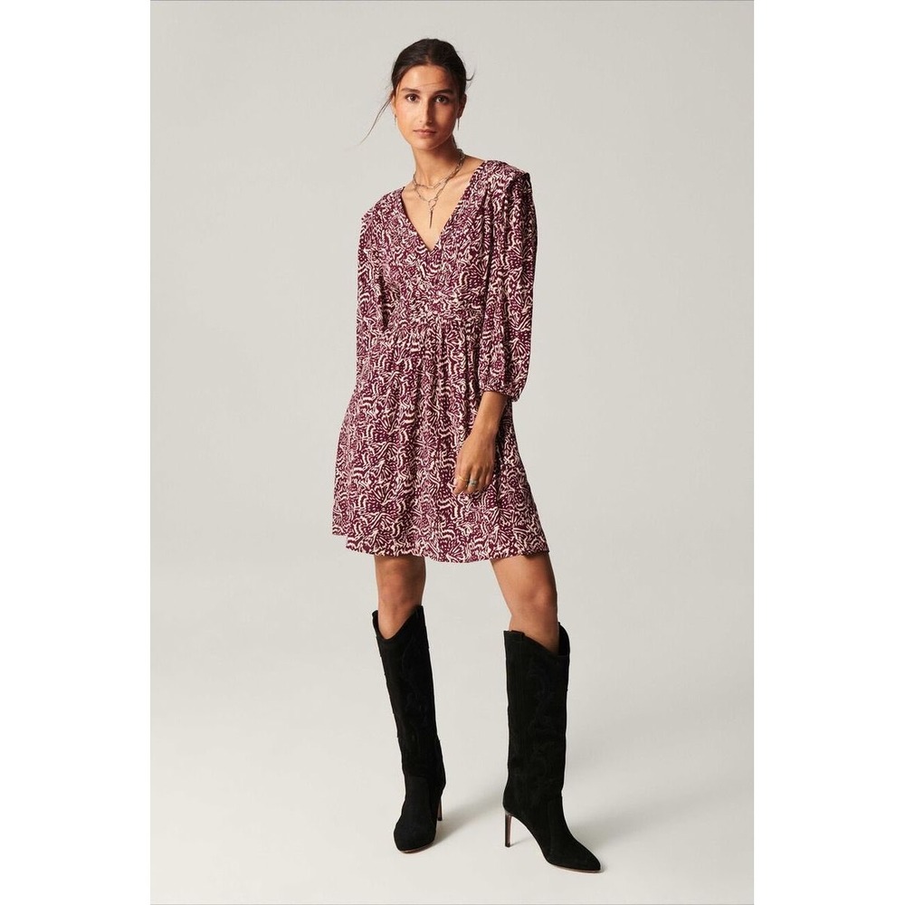 ba&sh Lia Mini Dress Burgundy Cream Abstract Print Size 1 (Small) $282